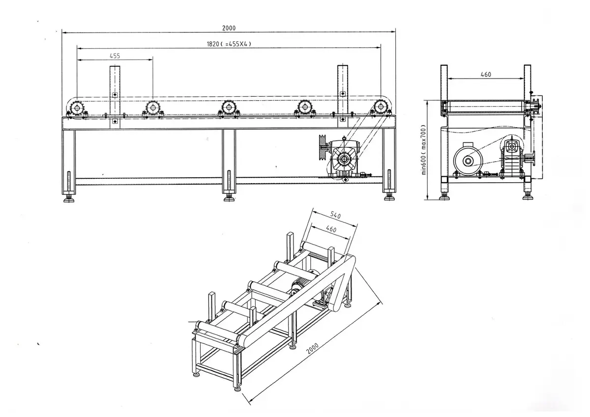 Roller Conveyor Rb-460E 2000Mm Long And 460 Mm Wide, Adjustable Height Roller Support For Bandsaw 2