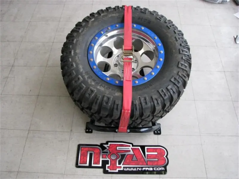 N-Fab Bed Mounted Tire Carrier Universal - Gloss Black - Red Strap 1