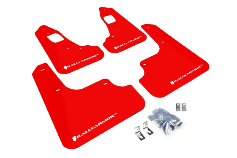 Rally Armor 08-17 Mitsubishi Evo X Red Ur Mud Flap W/ White Logo 1