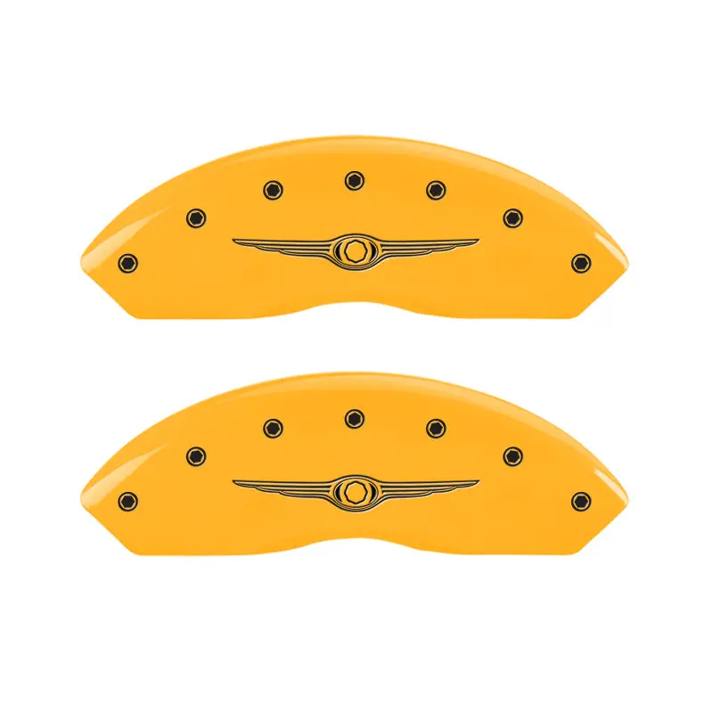 Mgp Engraved 4-Piston Caliper Covers – Front & Rear, Chrysler Wing Design, Yellow Finish With Black Accents 1