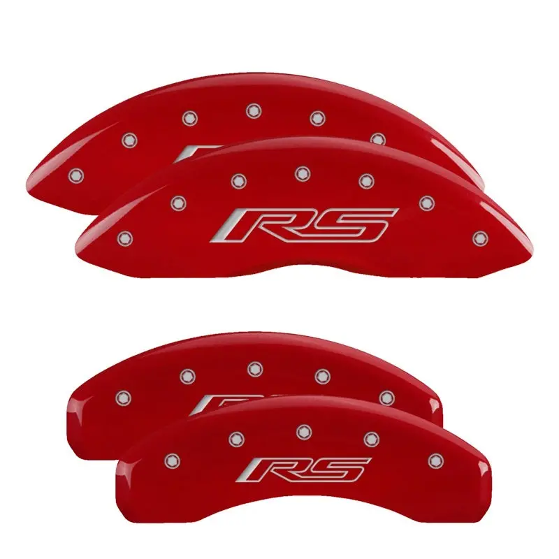 Mgp Engraved 4-Piston Caliper Covers — Front & Rear, Gen 5/Rs Fitment, Red Finish With Silver Chrome Accents 1