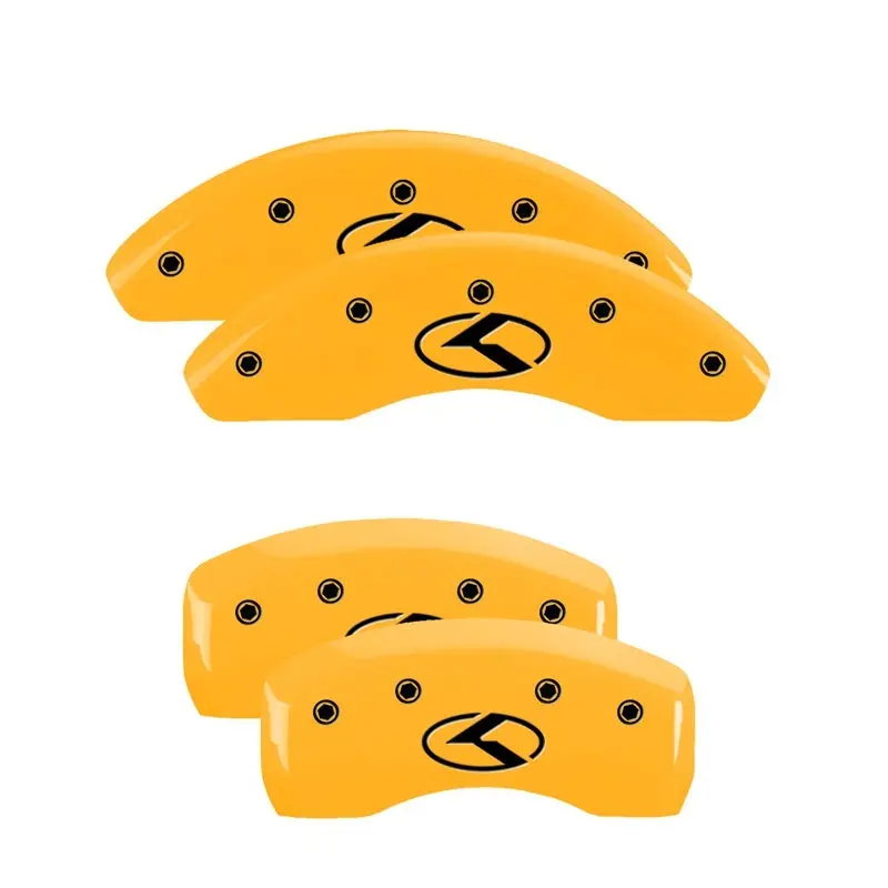 Mgp Engraved Four-Piston Caliper Covers – Front And Rear, Yellow Finish With Black Circle K/Kia Logo 1