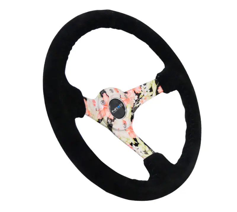 Nrg Reinforced 350Mm Steering Wheel – Black Suede With Floral-Dipped Center & Black Baseball Stitching, 3" Dish Depth 1