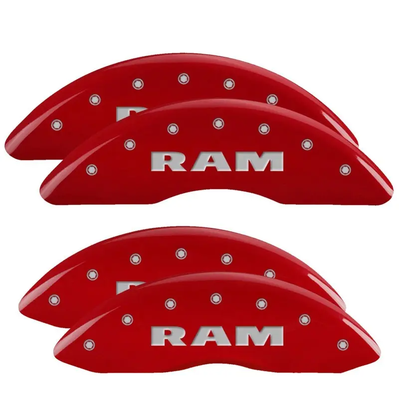 Mgp Engraved 4-Piston Caliper Covers – Front & Rear, Ram Red Finish With Silver Accent 1