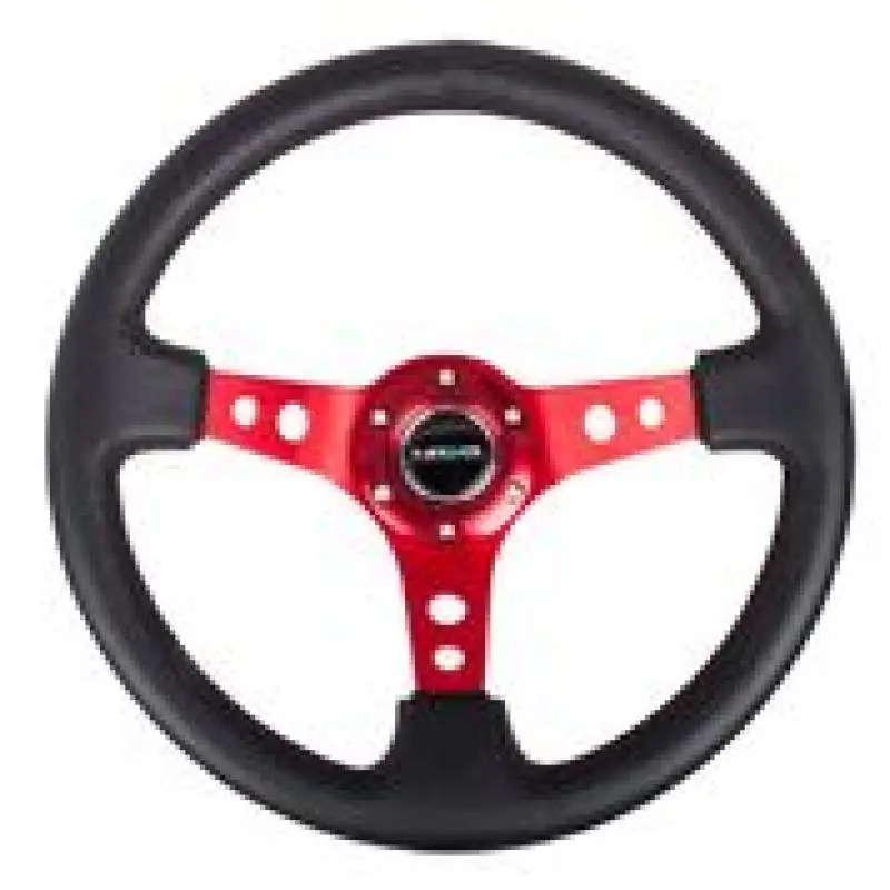 Nrg Reinforced 350Mm Steering Wheel – Black Leather With Red Circle Cutout Spokes, 3" Dish Depth 1
